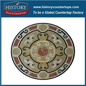 Cream Marfil Beige, Inca Gold, China Rojo Alicante Marble Water Jet Stone Mosaic Tiles, Round Starburst Pattern Interior Decoration Medallions