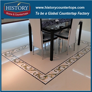Cream Marfil, Mint Verde, Inca Gold Stone Marble Designs Water Jet Mosaic Tiles Arts Rectangular Florence Border Wall Floor Inlay Paving Medallions
