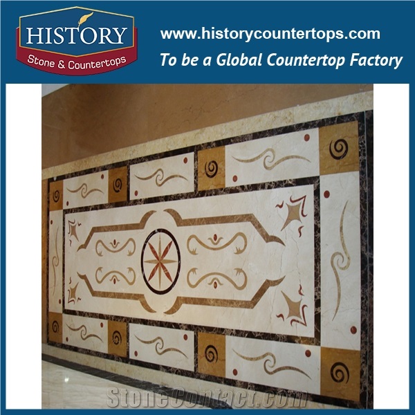 Dark Emperador, Cream Marfil Beige Marble Water Jet Cut Floor Covering Mosaic Creative Edge Tiles Rectangular Diamond Pictures Florence Medallions