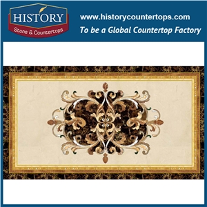 Dark Emperador, Cream Marfil, Inca Gold Marble Water Jet Cutter Mosaic Artistic Tiles Designs Rectangular Floral Inlay Floor Covering Medallions