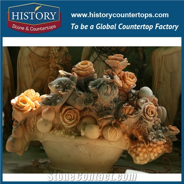 Different Shape Western Garden White and Red Stone Marble Flowerpots, Hand Carving Basket Flower Planters, Carved Fruits Of Vases