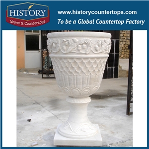 Exterior Flower Pots, Ornamental Garden Vases ,White Marble Round Big Size Landscaping Flowerpot Planters Display Stands in Hot Sale
