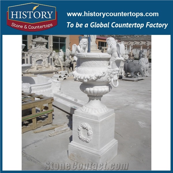 Exterior Flower Pots, Ornamental Garden Vases ,White Marble Round Big Size Landscaping Flowerpot Planters Display Stands in Hot Sale