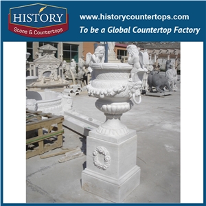 Exterior Flower Pots, Ornamental Garden Vases ,White Marble Round Big Size Landscaping Flowerpot Planters Display Stands in Hot Sale