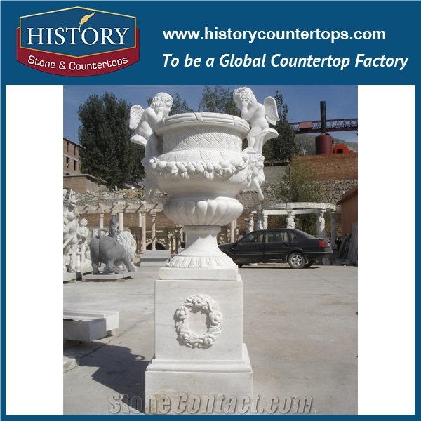 Exterior Flower Pots, Ornamental Garden Vases ,White Marble Round Big Size Landscaping Flowerpot Planters Display Stands in Hot Sale