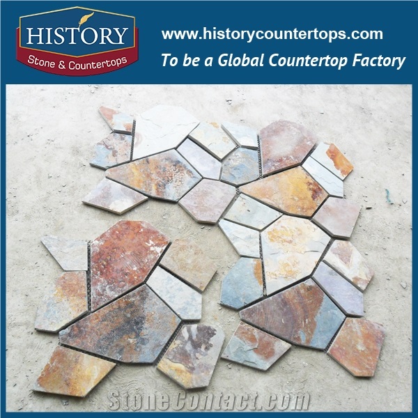 Garden Colorful Slate Walkway Paver, Natural Surface Slate Crazy Paver on Mesh, Flooring and Walling Flagstone Stone