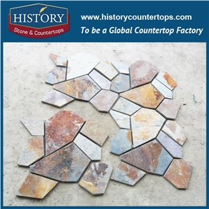 Garden Colorful Slate Walkway Paver, Natural Surface Slate Crazy Paver on Mesh, Flooring and Walling Flagstone Stone