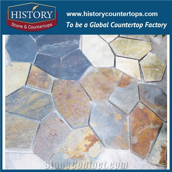 Garden Colorful Slate Walkway Paver, Natural Surface Slate Crazy Paver on Mesh, Flooring and Walling Flagstone Stone
