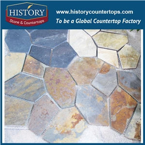 Garden Colorful Slate Walkway Paver, Natural Surface Slate Crazy Paver on Mesh, Flooring and Walling Flagstone Stone