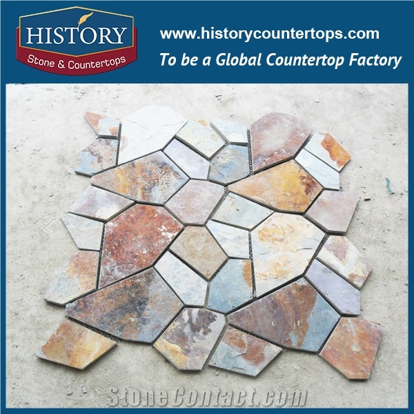 Garden Colorful Slate Walkway Paver, Natural Surface Slate Crazy Paver on Mesh, Flooring and Walling Flagstone Stone