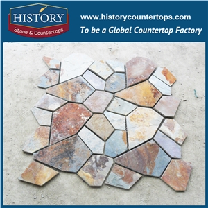 Garden Colorful Slate Walkway Paver, Natural Surface Slate Crazy Paver on Mesh, Flooring and Walling Flagstone Stone