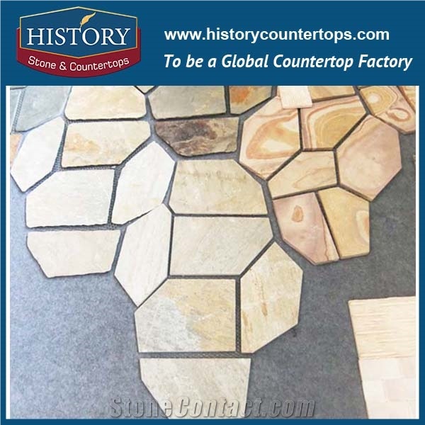 Garden Colorful Slate Walkway Paver, Natural Surface Slate Crazy Paver on Mesh, Flooring and Walling Flagstone Stone