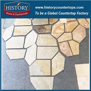 Garden Colorful Slate Walkway Paver, Natural Surface Slate Crazy Paver on Mesh, Flooring and Walling Flagstone Stone