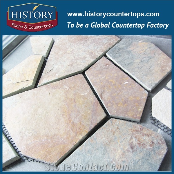 Garden Colorful Slate Walkway Paver, Natural Surface Slate Crazy Paver on Mesh, Flooring and Walling Flagstone Stone