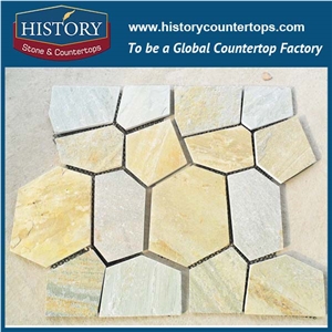 Garden Multi Yellow Slate Mesh Paver, Yellow Wooden Slate Paver on Mesh, Slate Landscaping Flagstone