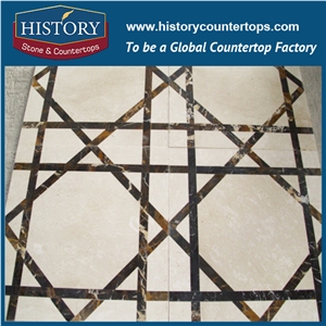 Gold Brown, Spain Cream Marfil Marble Cnc Water Jet Cut Flooring Mosaic Tiles Wholesaler Rectangular Geometric Hotel, Villa, Mall Medallions