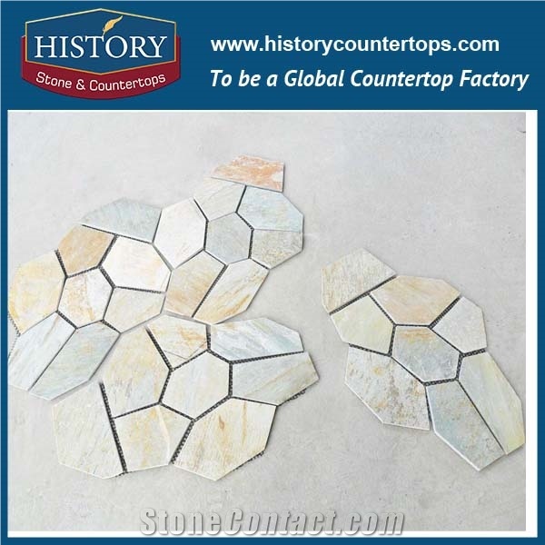 Golden Beige Color Slate Random Flagstones, Pool Surrounding Irregular Flagstone Pavers, Garden Flagstone Patio Pavers