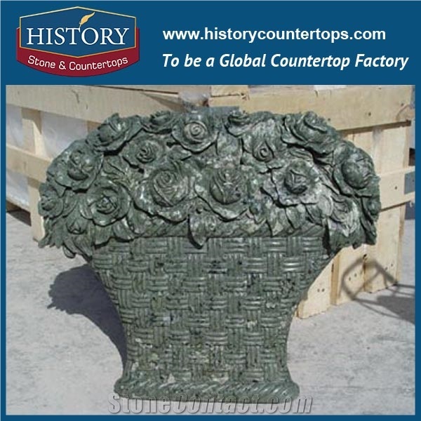 Green Color Marble Stone European Style Planters Pots Stands with Carving Flowers, Charming American Main Gates, Balcony Flowerpots