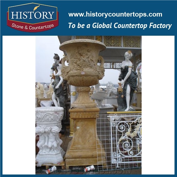 Green Color Marble Stone European Style Planters Pots Stands with Carving Flowers, Charming American Main Gates, Balcony Flowerpots