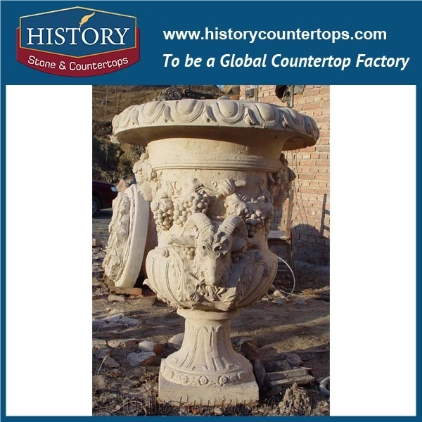Grey Limestone Natural Stone Round Shape Planters Stands with Carved Chinese Dragons Pictures, Big Size Garden Flowerpots Molds