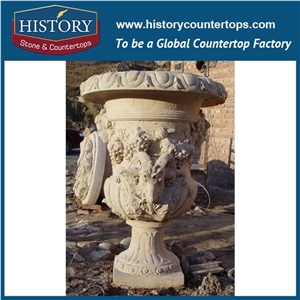Grey Limestone Natural Stone Round Shape Planters Stands with Carved Chinese Dragons Pictures, Big Size Garden Flowerpots Molds