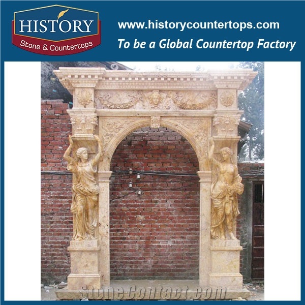 Hand Carved Beige Limestone Decorative Main Door Frame Designs with Girl Statue, Entrance Door Surrounds for House, Villa