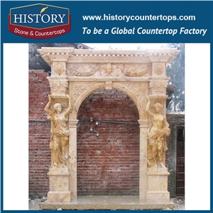 Hand Carved Beige Limestone Decorative Main Door Frame Designs with Girl Statue, Entrance Door Surrounds for House, Villa