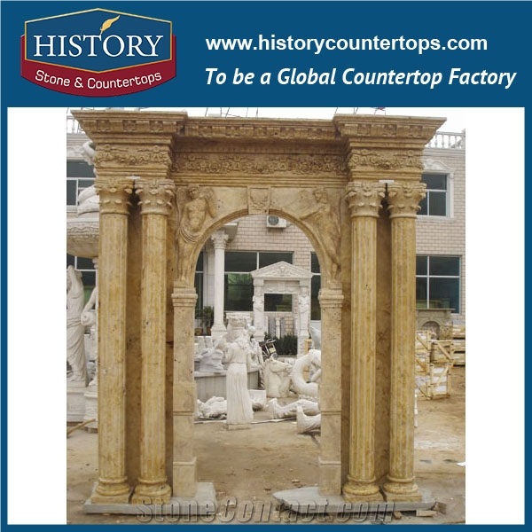 Hand Carved Beige Limestone Decorative Main Door Frame Designs with Girl Statue, Entrance Door Surrounds for House, Villa