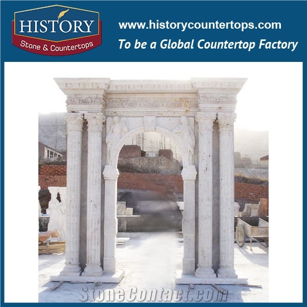 Hand Carved Beige Limestone Decorative Main Door Frame Designs with Girl Statue, Entrance Door Surrounds for House, Villa