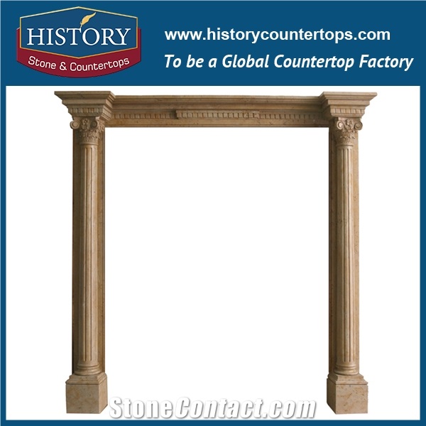 Hand Carved Beige Limestone Decorative Main Door Frame Designs with Girl Statue, Entrance Door Surrounds for House, Villa
