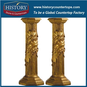 History Stone Chinese Beautiful Decoration Golden Yellow Marble Stone Carved Cultured Column with Floral Design Natural Gate Pillar