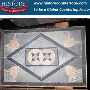 History Stone Chinese Supplier Water Jet Flower Plus Star Pattern Mosaic Medallion Paving Slate Stone, Black Luxury Floor and Wall Use