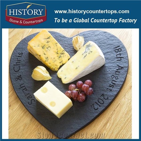History Stone Modern Bar Restaurant Heart Shaped Dinner Black Slate Stone Plate, Black Slate Food Trays, Natural Stone Dishes