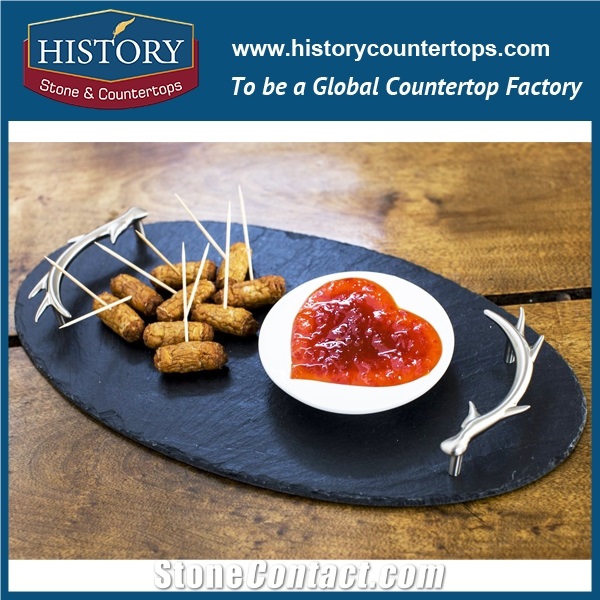 History Stone Modern Bar Restaurant Heart Shaped Dinner Black Slate Stone Plate, Black Slate Food Trays, Natural Stone Dishes
