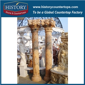 History Stones Chinese Polished Surface Stand Ornamental Brown Marble Stone Column Delicate Circle Design Garden Gate Decoration Pillars