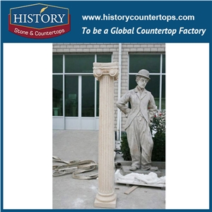 History Stones Chinese Polished Surface Stand Ornamental Brown Marble Stone Column Delicate Circle Design Garden Gate Decoration Pillars