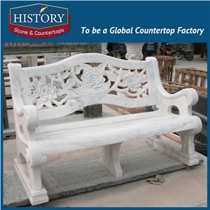 History Stones Park Chairs Set Pure White Marble Outdoor Patio Stone Bench with Hollowed-Out Floral Engraving Backrest Design Garden Chair