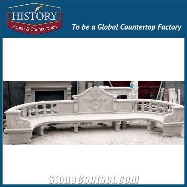 History Stones Park Chairs Set Pure White Marble Outdoor Patio Stone Bench with Hollowed-Out Floral Engraving Backrest Design Garden Chair
