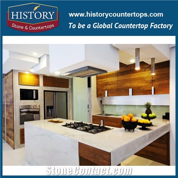 Historystone Calacatta Nuvo Synthetic Tile and Slab Quartz Stone with Marble Vein Elements Surface for Kitchen Countertops or Tops