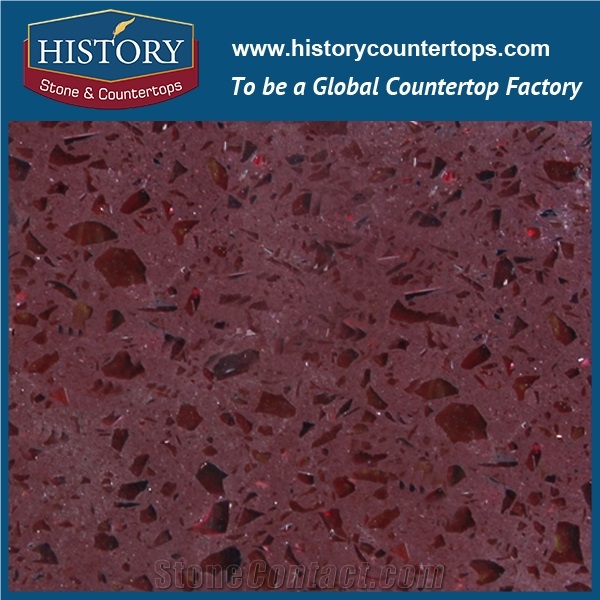 Historystone Crimson Red with Slippy and Glossy Surface Man Made Crystal Tile and Slab Quartz Stone for Kitchen Countertops or Bar Tops.