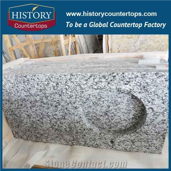 Historystone Popular Cheap Granite White Bathroom Countertops Custom Vanity Tops with Sinks Holes, Natural Stone Bath Tops in Bullnose Edge