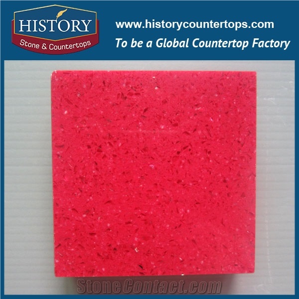 Historystone Red Shimmer Transparent Crystal and Sparkle Surface Shunning Tile and Slab Quartz Stone for Kitchen Countertops or Bar Tops.