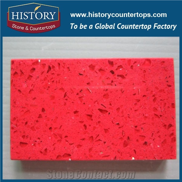 Historystone Red Shimmer Transparent Crystal and Sparkle Surface Shunning Tile and Slab Quartz Stone for Kitchen Countertops or Bar Tops.