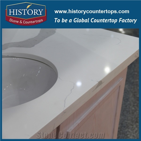 Hot on Sale Man Made Calacatta White Nq5006 Custom Solid Surface Quartz Engineered Stone Vanity Top/Bathroom Countertops
