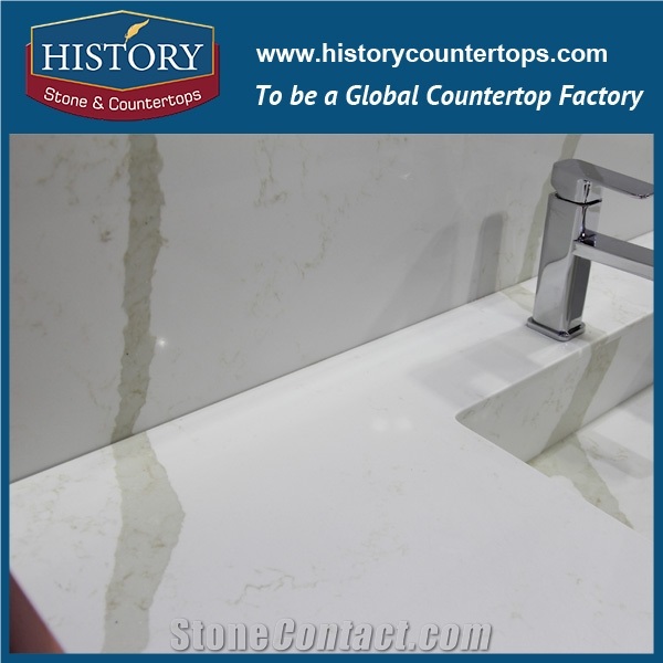 Hot on Sale Man Made Calacatta White Nq5006 Custom Solid Surface Quartz Engineered Stone Vanity Top/Bathroom Countertops