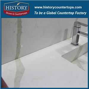 Hot on Sale Man Made Calacatta White Nq5006 Custom Solid Surface Quartz Engineered Stone Vanity Top/Bathroom Countertops