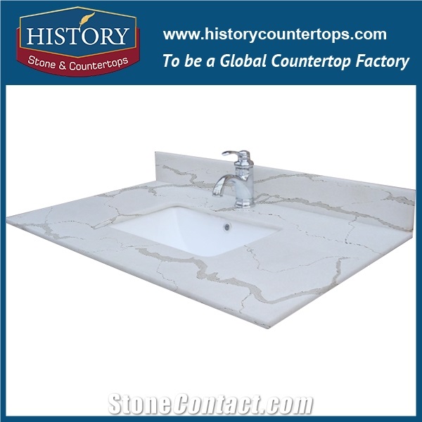 Hot on Sale Man Made Calacatta White Nq5062 Custom Solid Surface Quartz Engineered Stone Vanity Top/Bathroom Countertops