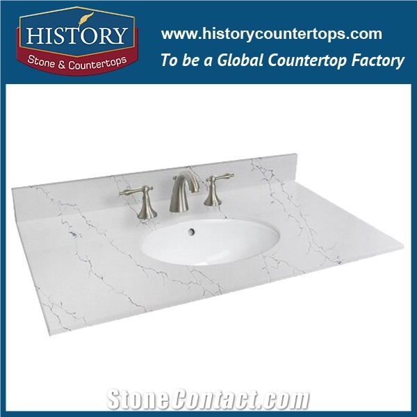 Hot on Sale Manufacturer Calacatta White Nq5090 Custom Solid Surface Quartz Engineered Stone Vanity Top/Bathroom Countertops