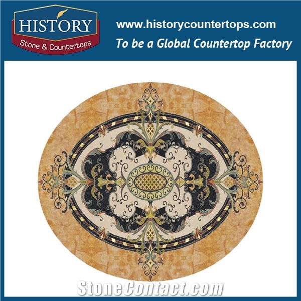 Inca Gold, Cream Marfil Beige Marble, Black Galaxy Granite Cnc Water Jet Mosaic Artistic Tiles Lobby Entry Way Round Flower Stone Medallions