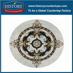 Inca Gold, Cream Marfil Beige Marble, Black Galaxy Granite Cnc Water Jet Mosaic Artistic Tiles Lobby Entry Way Round Flower Stone Medallions